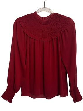 Ann Taylor Size X-Small Maroon Red Sheer Smocked Blouse Top Long Sleeve Romantic